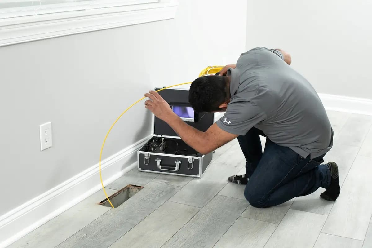 Technician inspecting duct interior with a camera case monitor during mold remediation assessment