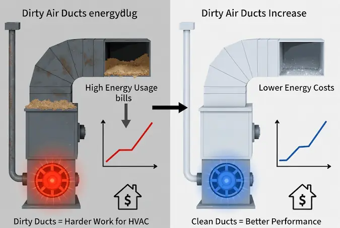 Dirty HVAC system with dust buildup affecting energy efficiency