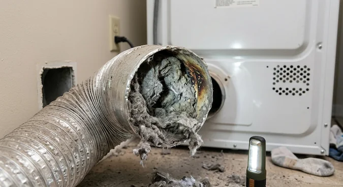 Clogged dryer vent with dangerous lint buildup